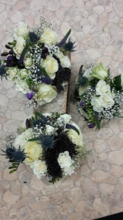 Cream Roses and Blue Thistle Posy - A beautiful wedding posy of Cream roses and Blue thistles with complementing filler. Call us on T: 01948 661111 for more information on the size and Flower content. Also please give us plenty of notice so we can get fresh flower content ready for your Posy.