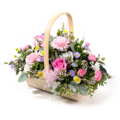 Just Because - A pretty collection of timeless, favourite flowers skilfully arranged in a beautiful basket to send your message in a wonderful way. We cannot guarantee what the flower varieties or colours will be, We do guarantee that your specific arrangement will be fresh, beautiful and that your recipient will love it!