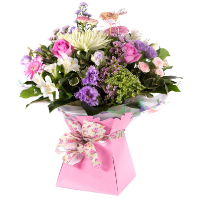 Sugar Rush - This gorgeous hand-tied bouquet of sweet pastel shades is sure to bring joy and delight. Crammed with beautiful flowers guaranteed to put a boost into any occasion.